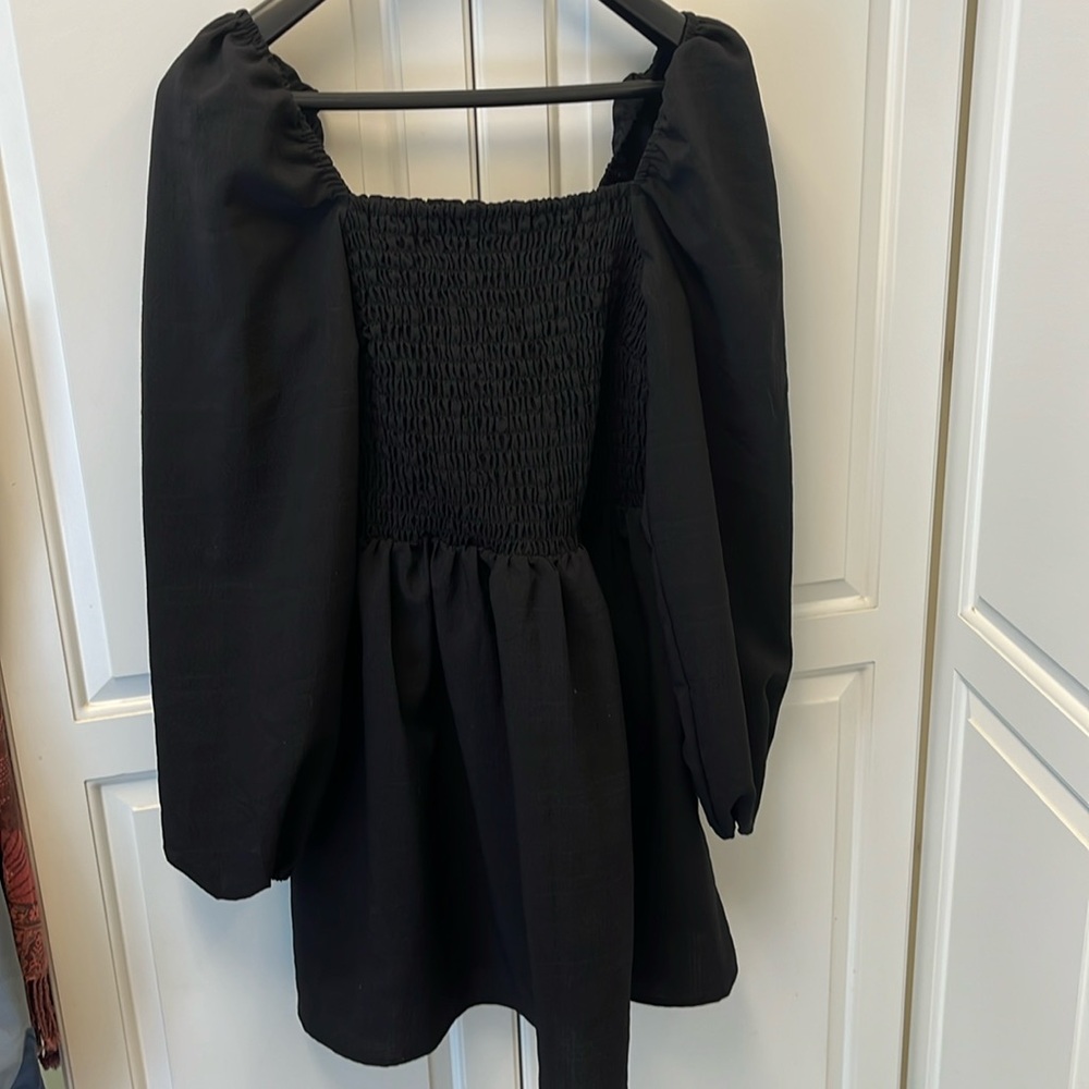 Divided Black Smocked Mini Dress with Puff Sleeves